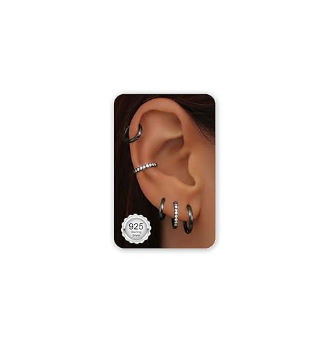 CASSIECA 5 Paar Creolen Schwarz für Damen Herren Kleine Ohrringe Creolen Schwarz Helix Piercings Knorpel Cartilage Sleeper Ohrringe für Mehrere Piercings Cubic Zirconia Huggie 8 10 12mm