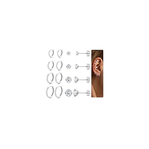 JeweBella 8 Paar für Damen Hypoallergen Piercing Ohr Chirurgenstahl Vergoldet 14K Medizinische Ohrstecker Helix Knorpel Piercings für Frauen Männer