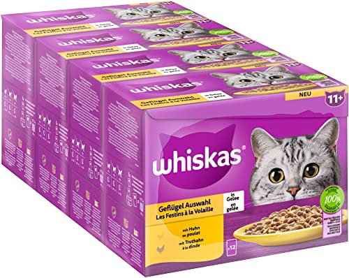 Whiskas Senior 11 Katzennassfutter Geflügel Auswahl in Gelee 48 Portionsbeutel 12x85g 4er Pack Hochwertiges Katzenfutter nass für Katzen ab dem 11. Lebensjahr