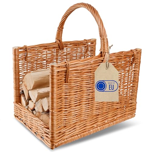 Creative Home Groß Kaminkorb Holzkorb Kaminholzkorb Rattan 45 x 30 x 47 cm Aufbewahrung Rechteckig Weidenkorb für Kaminholz Holz Braun Dick Weide Feuerholzkorb Holztrage Tragekorb