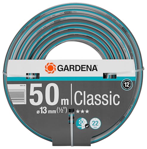 Gardena Classic Schlauch 13 mm 1 2 Zoll 50 m ohne systemteile Universeller Gartenschlauch aus robustem Kreuzgewebe 22 bar Berstdruck druck  und UV beständig 18010 20 grau blau