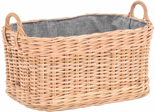 Holzkorb für Kaminholz Rattan geflochten mit Griffen und Stoff Tragekorb Holz Hell Natur 64x50cm