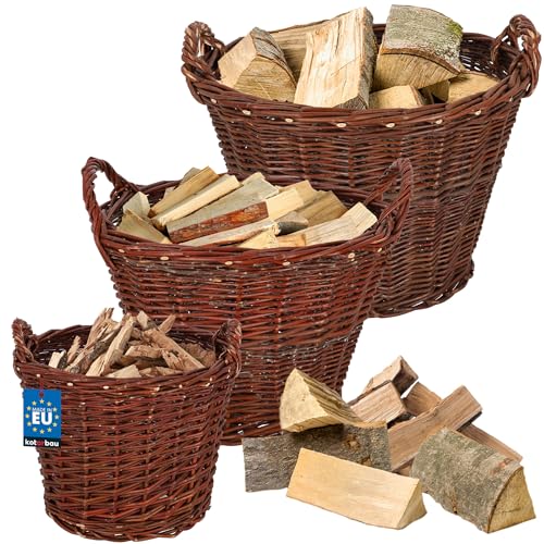 KOTARBAU 3er Set Weidenkorb mit Griffen - 30 cm 40 cm 50 cm - Blumen Korb - Aufbewahrung von Spielzeug - Holzkorb für Kaminholz - Erntekorb aus Weide - Aufbewahrungskörbe - Braun