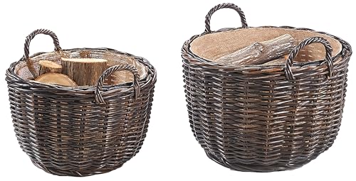 Kobolo Holzkorb Rattan rund 2er Set braun Rattankorb mit Leineneinsatz ideal zur Kaminholzaufbewahrung Holztrage für Feuerholz Brennholz dekorativ praktisch