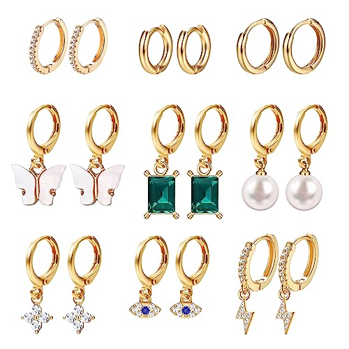 Dochais 9 Paar Gold Ohrringe Hängend für Damen Set Creolen 14K Vergoldet mit Cubic Zirkonia Perlen Anhänger Huggie Ohrringe Schmuck Piercing Geschenk Mädchen Frauen für Geburtstags hochzeit