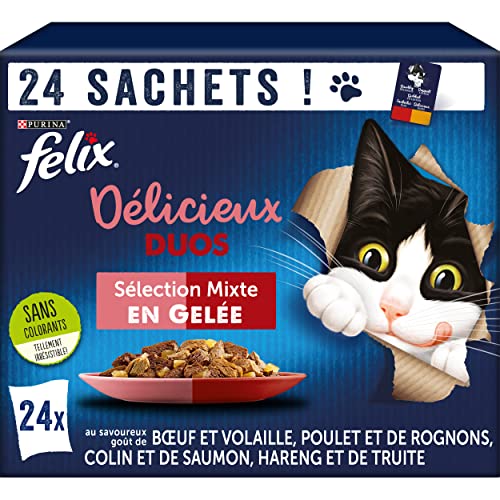 FELIX Köstliche Duos In Gelee ausgewachsene Katze Gemischte Auswahl Rind und Geflügel Huhn und Nieren Colin und Lachs Hering und Forelle Frischebeutel 4 Stück 24 x 85 g