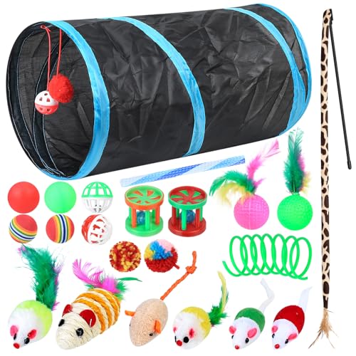 Gaomoeny 22 Stück Katzenspielzeug Set Katzen Zubehör Katzentunnel Interaktives Katzen Spielzeug Katzen Angel Spielzeug Katze Federspielzeug Spielzeugmäuse Katzenbälle Cat Toys Kitten Spielzeug