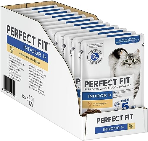 Perfect Fit Indoor 1 Katzennassfutter im Portionsbeutel für erwachsene Hauskatzen ab 1 Jahr mit Huhn und Erbsen in Sauce Anti-Hairball Effekt Katzenfutter Portionsbeutel 12 x 85g