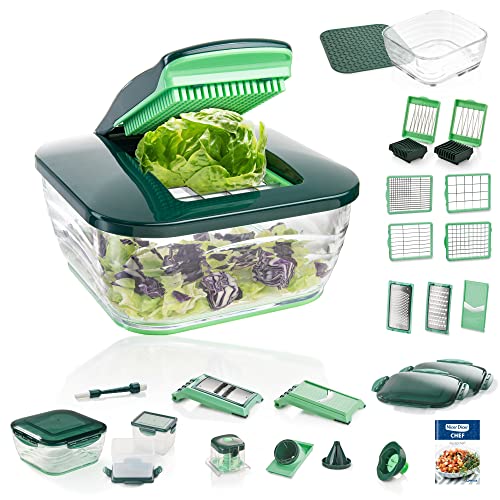 Genius Nicer Dicer Chef 34-in-1 Multifunktions-Profi-Gemüseschneider mit Glasschale und Tomatenschneider Teigwaren Scheiben Streifen Spiralen Julienne