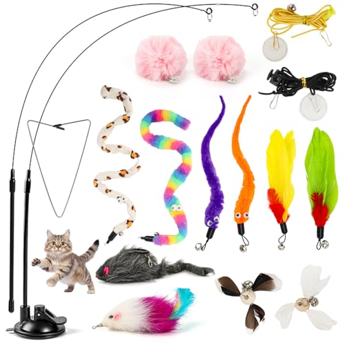 Feirdhoo 17 Stück Katzenspielzeug Selbstbeschäftigung Katzenspielzeug Angel mit Austauschbare Feder und 1 Sockel Katzen Angel Spielzeug Sicher Ungiftig Katzenangel Stabil Beliebt