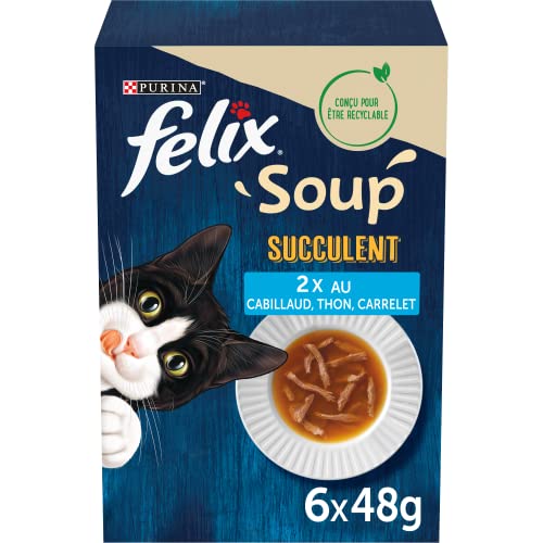 FELIX Sukkulenten-Suppe ausgewachsene Katze Suppe mit zarten Fischscheiben mit Kabeljau Thunfisch Karrelet Suppe in frischen Beuteln 8er Pack 6 x 48 g