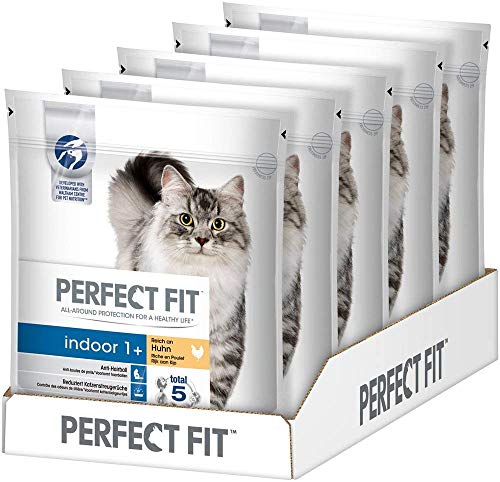 Perfect Fit Katzenfutter Trockenfutter Indoor für Hauskatzen Adult 1 Reich an Huhn 5 Beutel 5 x 750g