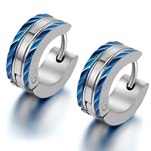 Flongo Edelstahl Gestüt Stecker Creolen Huggie Ohrringe Ohrstecker Ohrhänger Silber Blau Streifen Gestreift Einzigartig Polished Herren