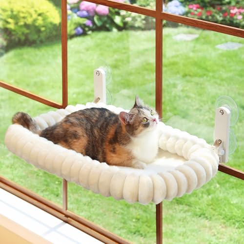 Zakkart SnugCloud Klappbarer Katzen-Fensterplatz Kabellos kuschelweiches waschbares Bett mit 4-Seiten-Polster Metallrahmen als Fenster-Hängematte für große Katzen Kätzchen Weiß Größe M
