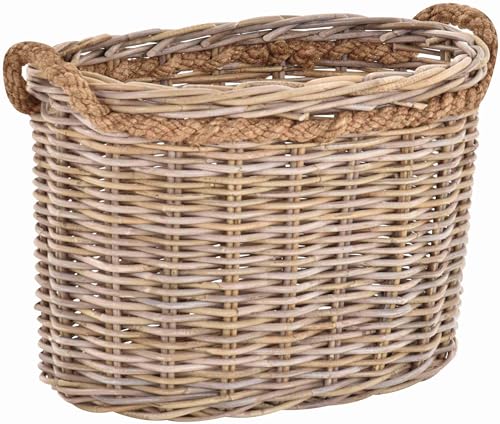 Korb-Outlet Großer Pflanzkorb Holzkorb oval Grau Natur Rattan mit Seilrand Übertopf aus Rattan Oval XXL 70cm