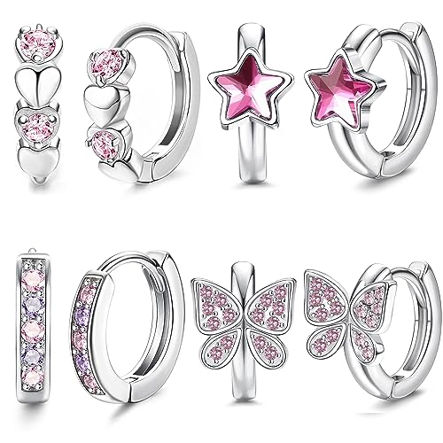 JeweBella 4er Set für Mädchen   Rosa Blau Herz Stern Schmetterling Zirkonia Steine Hypoallergen Schlafen Huggie Knorpel für Kinder