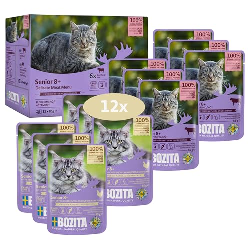 Bozita Nassfutter Senior 8 Häppchen in Sauce mit Fleisch - 12x85g Portionsbeutel getreidefreies weizenfreies Futter für Katzen - Katzen Nassfutter mit 8 5% Protein 4 5% Fettgehalt