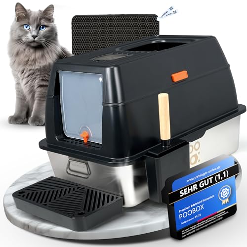 Poobox Katzenklo Edelstahl mit Deckel auslaufsicher 3-in-1 Katzentoilette geschlossen offen inkl Geruchsfilter Schaufel Matte Stufe Stainless Steel Cat Litter Box Edelstahl Katzenklo