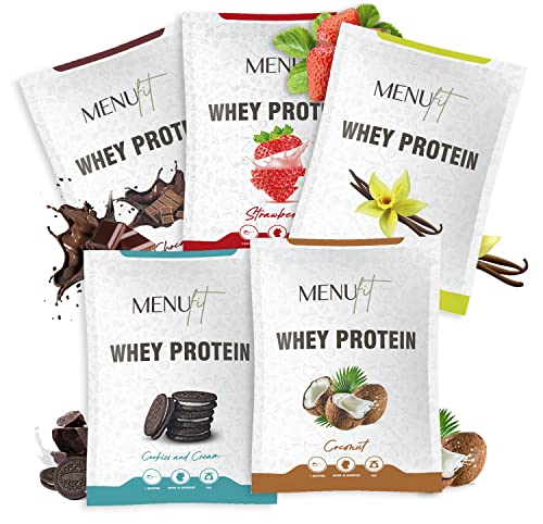 Menufit - Premium Whey Protein Pulver 10x30 g Probierpaket Geschmack Schokolade Vanille Cookies Cream Erdbeere Kokos - 10er Mix-Pack Probierset Proteinpulver Eiweißpulver zum Muskelaufbau