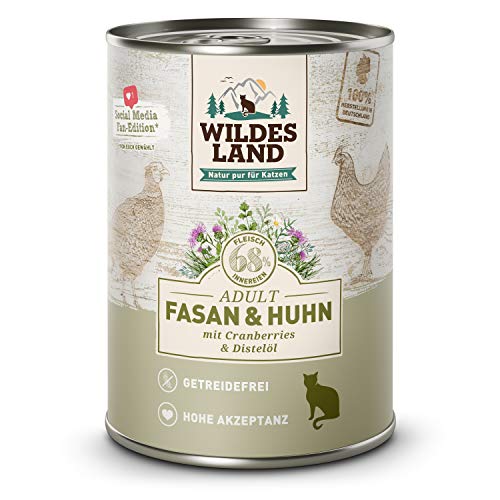 Wildes Land - Fasan Huhn - 6 x 400 g Dose - Nassfutter für Katzen - Getreidefrei - Extra viel Fleisch - Beste Akzeptanz und Verträglichkeit