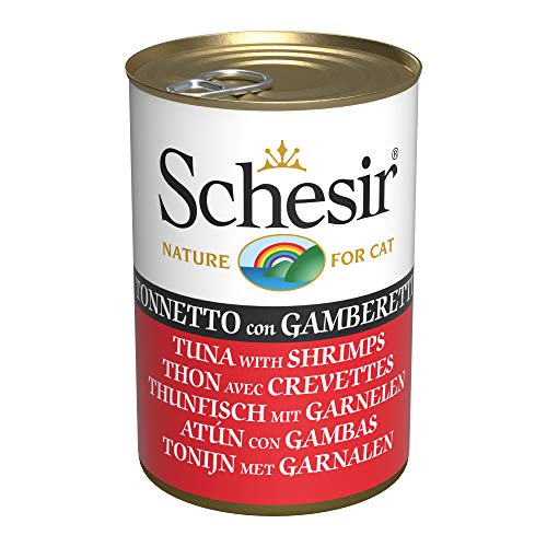 Schesir Nassfutter für Erwachsene Katzen mit Thunfisch mit Garnelen hergestellt aus weichem Gelee insgesamt 0 84 kg 6 Dosen 140 g