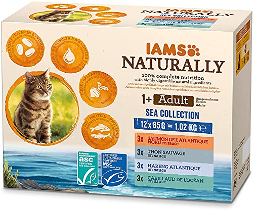IAMS Naturally Katzenfutter Nass in Sauce   hochwertiges Nassfutter mit Fisch für erwachsene Katzen Sea Collectionx 85 g