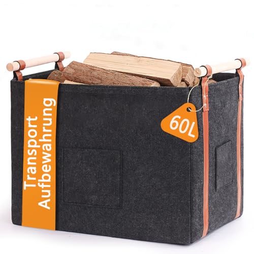 Diurwur Holzkorb 60L Kaminholzkorb Filzkorb für Kaminholz 4mm Dicker Brennholzkorb mit Holzgriff Feuerholzkorb mit Doppelt Verstärkten Leder Faltbarer Korb für Kaminholz