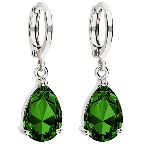 LÖB Damen Creolen Ohrringe Hängend Ohrhänger mit Zirkonia Stein Tropfen Oval Anhänger Silber Smaragd Grün Vergoldet Tropfenform Tropfenohrringe