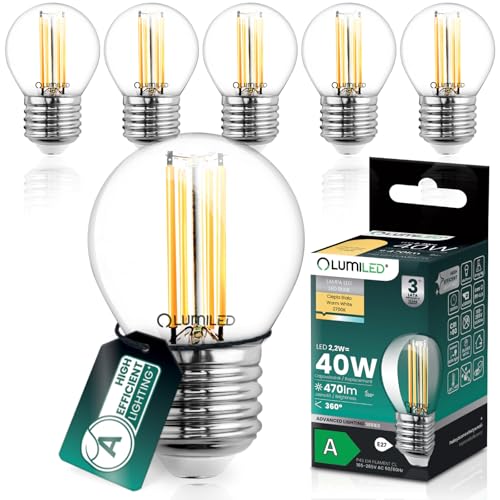 Lumiled LED Golfball Lampe P45 E27 Ultraeffizient Energieklasse A 2.2W 470lm Ersatz 40W 2700K Warmweiß Filament Klar Glas Tropfenform 360 Abstrahlwinkel Nicht Dimmbar 6 Stück