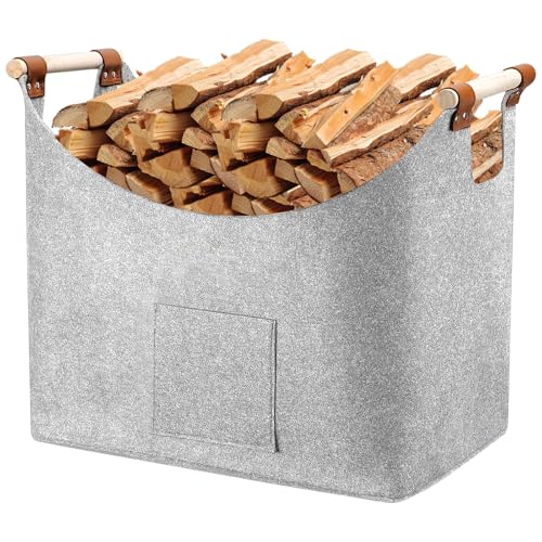 Holzkorb für Kaminholz Brennholzkorb aus Extradickem Filz Kaminholzkorb für Feuer Kamin Brennholz Faltbarer Holzkorb Filztasche für Einkauf Holz Zeitung oder Brennholz Grau