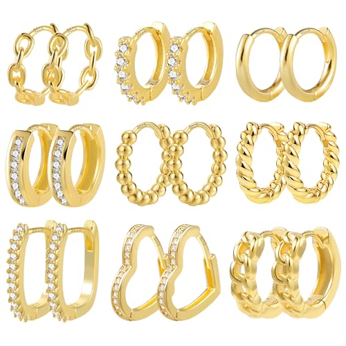 9 Paar 14k Echt Vergoldete Set AAAAA Zirkonia für   Huggie in Twist Herz Oval Design für Mehrere Ohrlöcher Ros