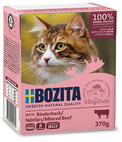 Bozita Häppchen in Gelee Nassfutter mit Rinderhack im Tetra Recart 16x370g - Getreidefrei - nachhaltig produziertes Katzenfutter für erwachsene Katzen - Alleinfuttermittel 370 g 16er Pack