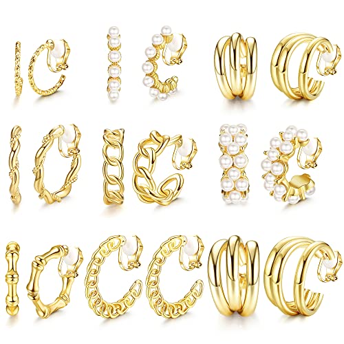 LOLIAS 9 Paar 14K Gold Clip Ohrringe für Damen Perlen Ohrclips klobige Creolen baumelnde Ohrringe kein Piercing dreifach offene Creolen gefälschte Huggie Creolen für Mädchen Geschenk