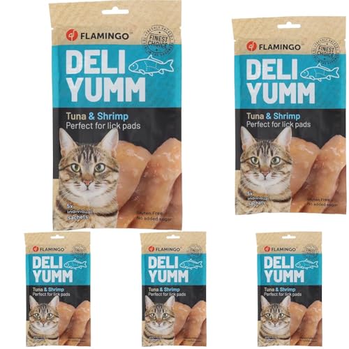 Flamingo Snack Deli Yumm Pasta mit Thunfisch Garnelen 70 g Ideal für Perserkatze Maine Coon Britisch Kurzhaar Siamkatze usw. Packung mit 5