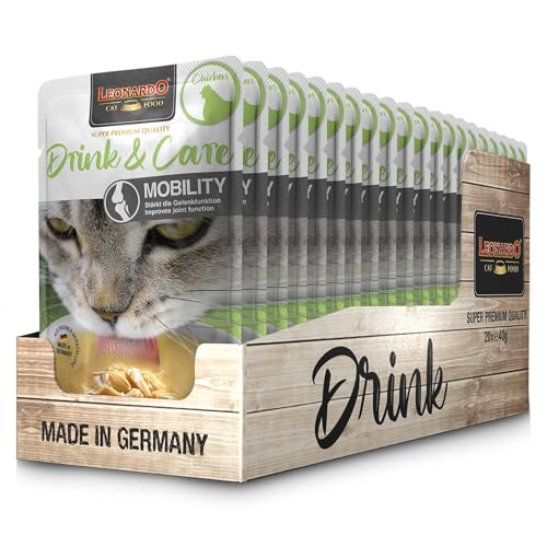 Leonardo Drink Care Mobility Chicken 20 x 40 g Ergänzungsfuttermittel für ausgewachsene Katzen Zur Unterstützung der Flüssigkeitsaufnahme und der Gelenkfunktion