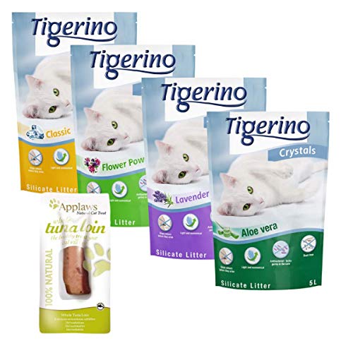 Tigerino Crystals Katzenstreu gemischt Probepackung 6 x 5 Liter stoppt Gerüche in Sekundenschnelle antibakteriell kompostierbar und umweltfreundlich Applaws Katzen-Thunfischleine