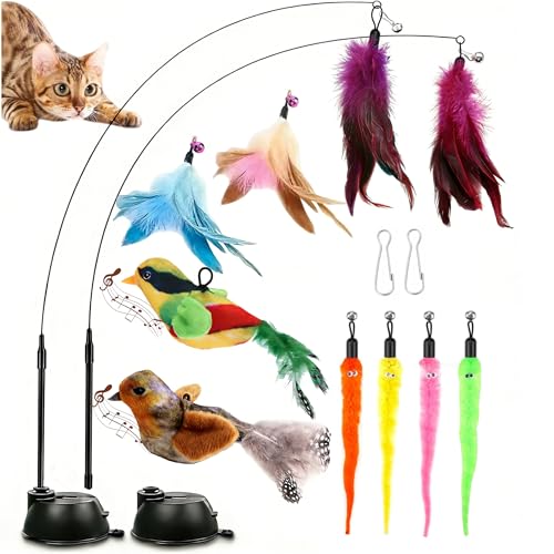 Fan Hua 14 PCS Katzenspielzeug Angel mit Feder- Interaktives Spielzeug für Katzen Federspielzeug Mit Saugnapf für Kitten SelbstbeschäFtigung mit Feder Vogel Wurm