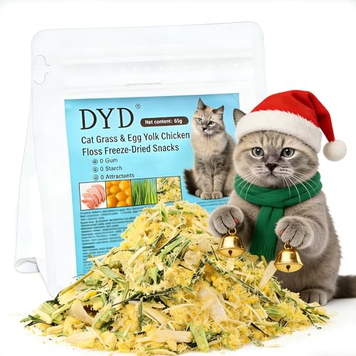 DYD Katzen Snacks gefriergetrocknet Katzengras Hühnchen mit Eigelb - 65g 45% Protein reduziert Haarballen gesunde Leckerlis für Katzen Hunde