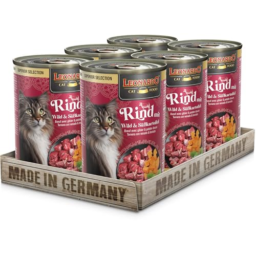 LEONARDO Katzen Nassfutter Superior Selection Rind mit Wild Süßkartoffel 6x400g Dose für ausgewachsene Katzen getreidefrei ohne Zucker Made in Germany