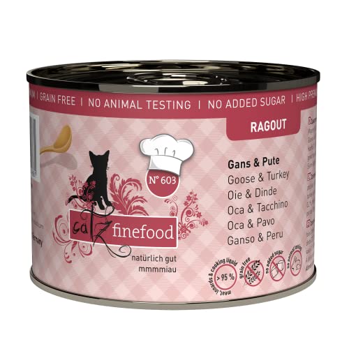 catz finefood Ragout N 603 Gans Pute Katzenfutter nass - Feinkost Nassfutter für Katzen in Sauce ohne Getreide und Zucker mit hohem Fleischanteil 6 x 190 g Dose