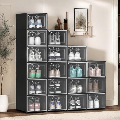 DWVO Schuhaufbewahrung Größe 18 Stück passend für Größe 48 transparente stapelbare Schuhbox aus Kunststoff für Schrank faltbares Sneaker Behälter Schwarz