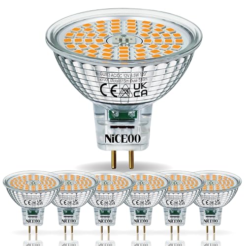 NICEOO GU5.3 LED Lampe Warmweiss 2700K 6.5W Ersetzt 50W 615 Lumen MR16 Halogen Leuchtmittel Flimmerfrei AC DC 12V Energiesparlampen Abstrahlwinkel 120 Birnen Nicht Dimmbar Glühbirnen 6er-Pack