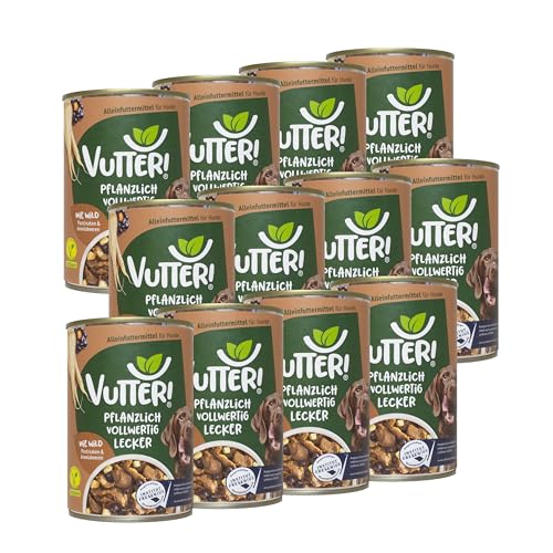 VUTTER Nassfutter Wie Wild 12x400 g Hundefutter Vegan - Alleinfutter für Hunde - Fleischähnlich für hohe Akzeptanz - Sojaprotein für Muskeln Zink für Haut Fell Kalzium für Zähne Knochen
