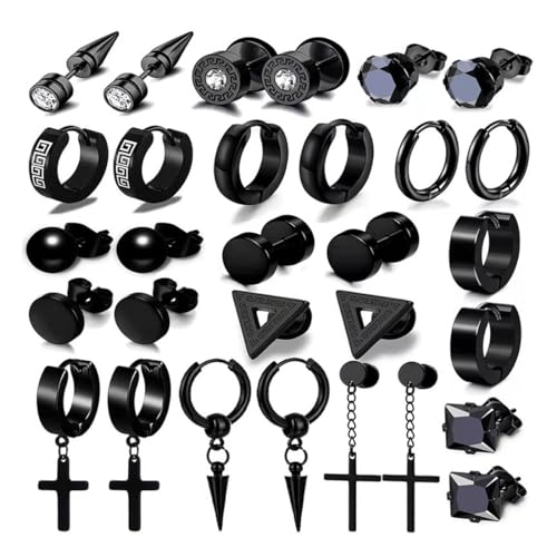 EJRUP 15 Paare Ohrringe Herren Schwarz Ohrringe Männer Edelstahl Frauen Knorpel Helix Piercing Ohr Mode Punk Hypoallergen Ohr Piercing Klassische Creolen für Männer Jungen