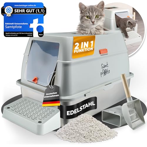Samtpfote Premium Edelstahl Katzenklo - antibakterielle robuste Katzentoilette mit abnehmbaren Spritzschutz und Deckel - Geschlossene leicht zu reinigende Edelstahl Katzentoilette XXL