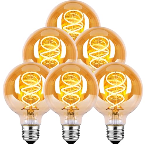 Edison LED Vintage Glühbirne Dimmbar Glühbirne E27 4W LED Warmweiss Vintage Edison Dimmbar lampe E27 Ideal für Nostalgie und Retro Beleuchtung - Bernstein - 6 Stück G80 HPS