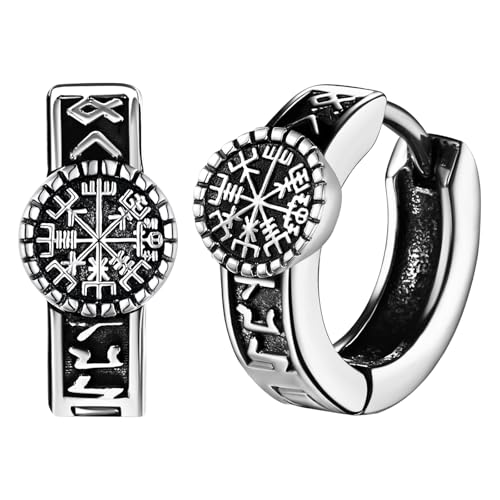 JewelryWe Wikinger Creolen Ohrringe Herren Edelstahl Nordische Runen Kompass Vegvisir Creolen Huggie Hoop Ohrringe Viking Amulett Schmuck Geschenk für Männer Frauen Silber