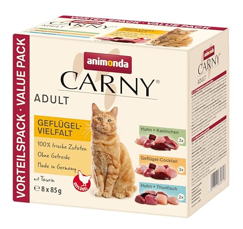 animonda Carny Katzenfutter nass Geflügel-Mix 8 Portionsbeutel 8 x 85g getreidefreies Katzennassfutter ohne Zucker für ausgewachsene Katzen mit frischen fleischigen Zutaten
