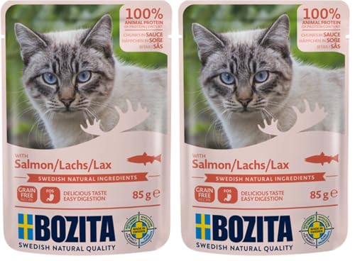BOZITA Nassfutter Häppchen in Soße mit Lachs 12x85g Pouch Portionsbeutel - getreidefrei - für Erwachsene Katzen Packung mit 2