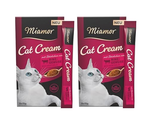 Miamor Cat Cream mit Stückchen von Rind Gemüse leckerer Snack für Katzen mit frischem Fleisch und Gemüsestückchen zart im Geschmack Doppelpack 2 Tafeln zu je 5x15g